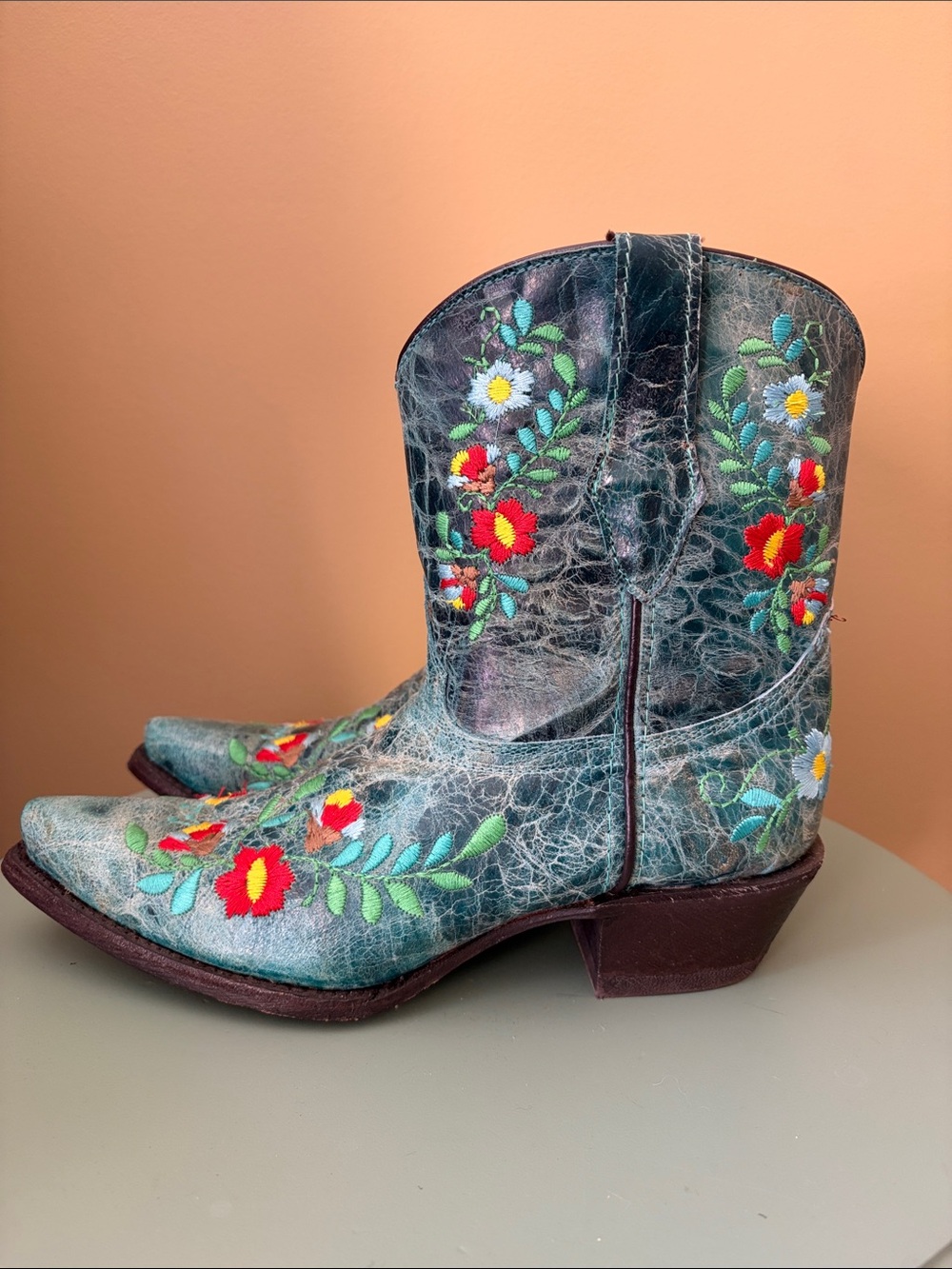 Wildflowers “Bluebonnet” Teal Floral Embroidered Women's Cowboy Boots
